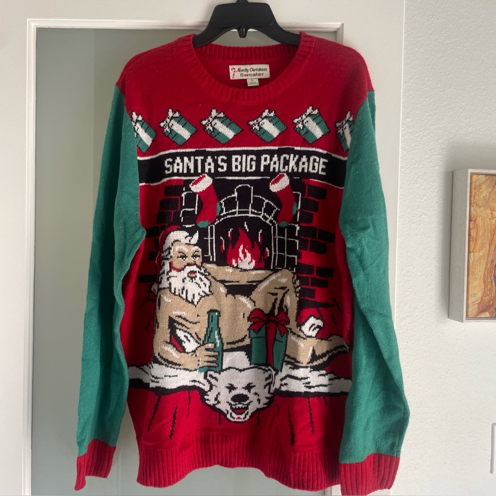SANTA'S BIG PACKAGE Red/Green UGLY CHRISTMAS SWEATER Funny Party Gift Men's L